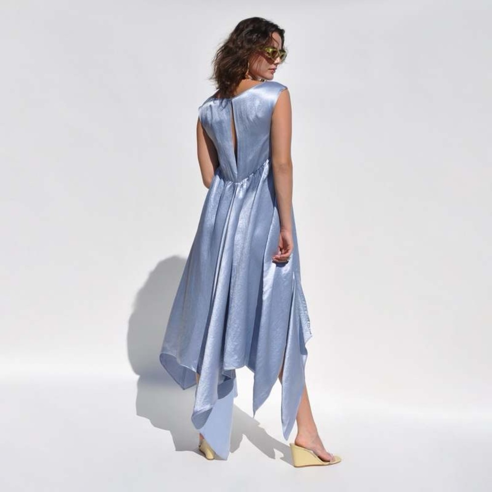 Collina Strada Dara Light Blue Satin Midi Dress Drapey Asymmetric Avant Garde - Picture 2 of 16